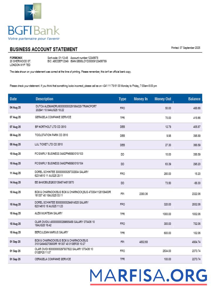 Downloadable BGFI bank firm account statement Word and PDF format download for verification